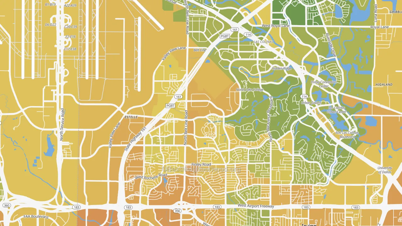 Map of the best neighborhoods in the 75038 area, with better matches in green and worse matches in red