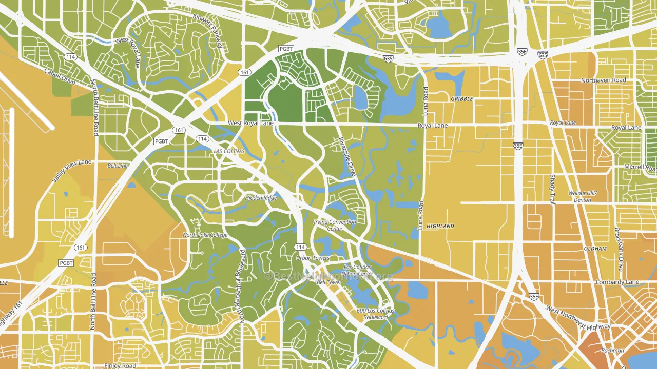 Map of the best neighborhoods in the 75039 area, with better matches in green and worse matches in red