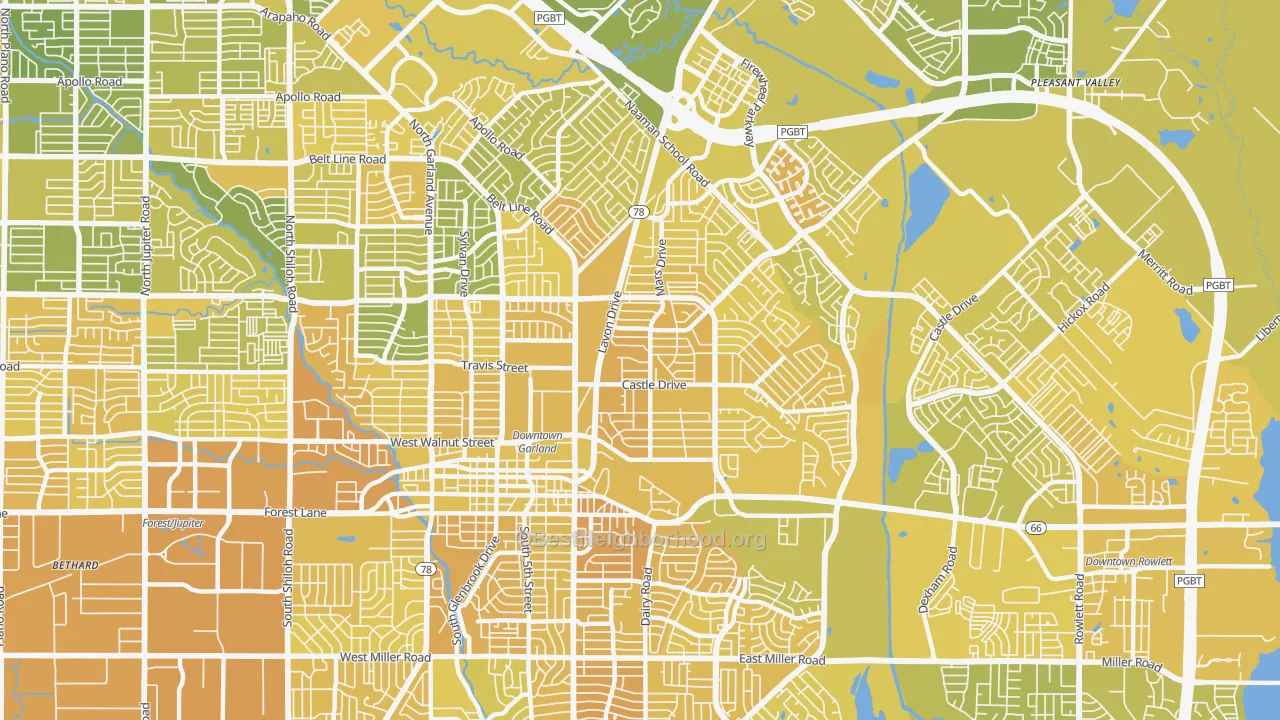 Map of the best neighborhoods in the 75040 area, with better matches in green and worse matches in red