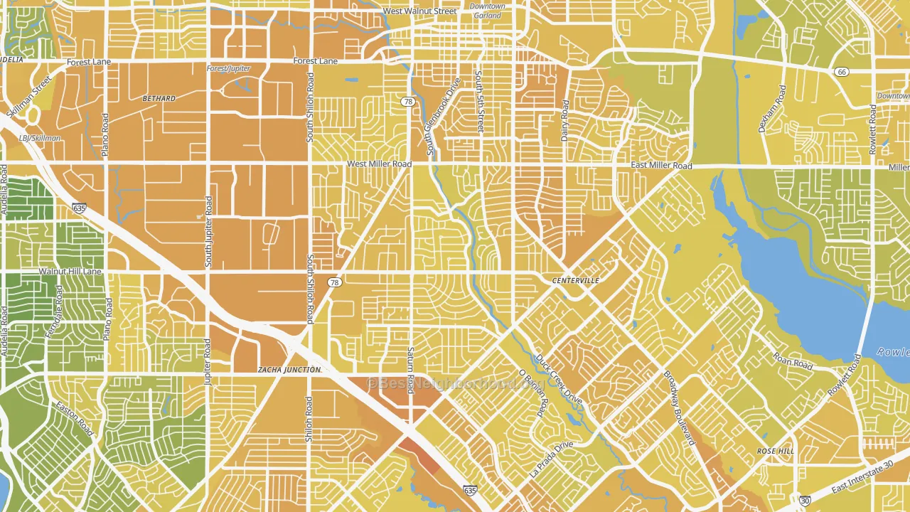 Map of the best neighborhoods in the 75041 area, with better matches in green and worse matches in red