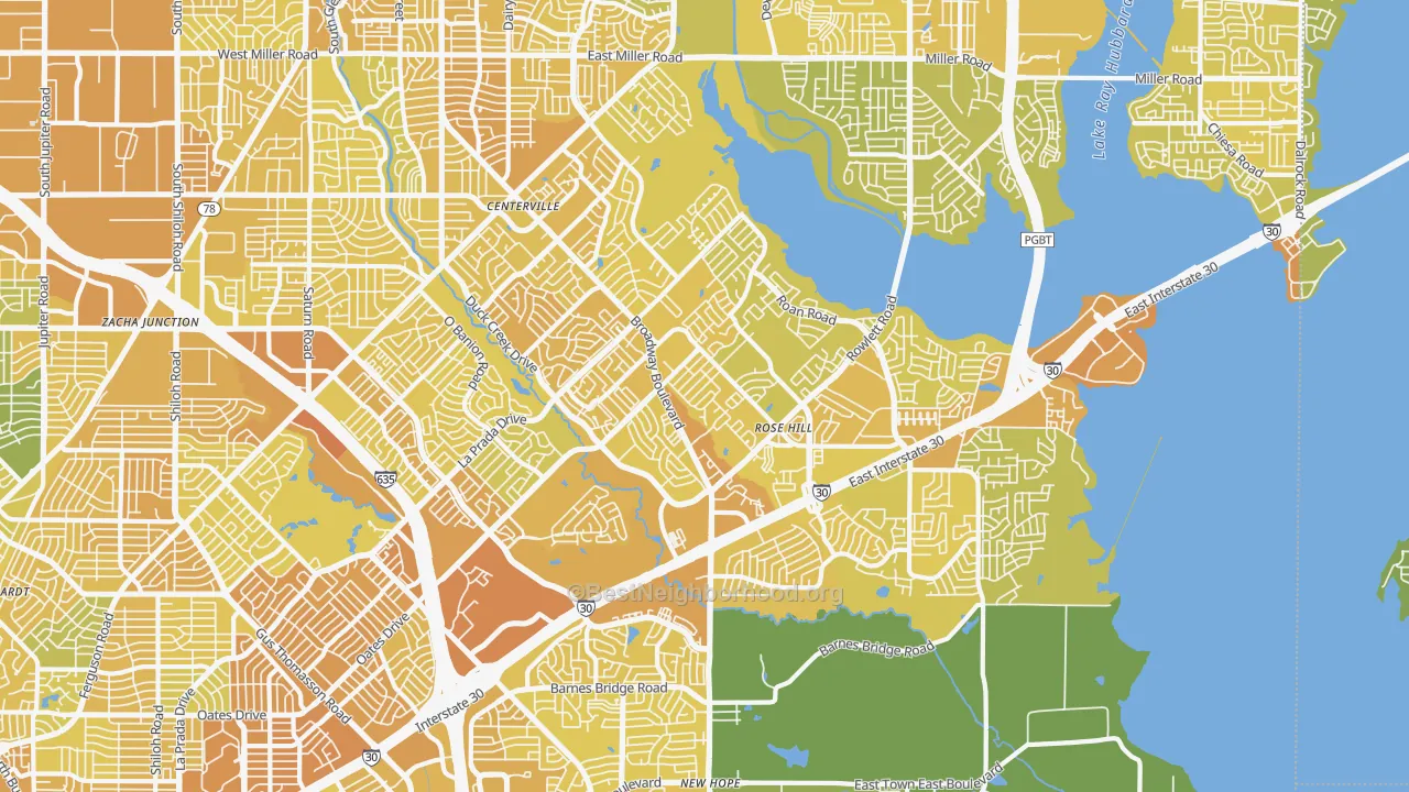 Map of the best neighborhoods in the 75043 area, with better matches in green and worse matches in red