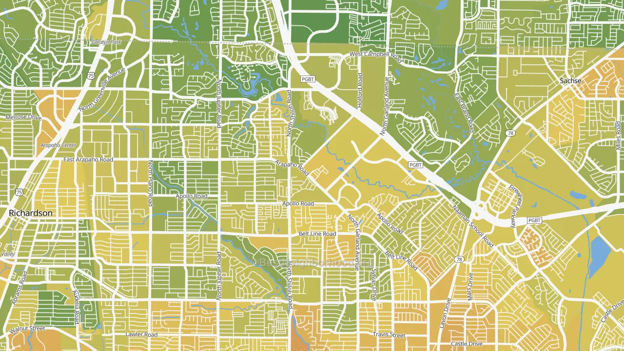 Map of the best neighborhoods in the 75044 area, with better matches in green and worse matches in red