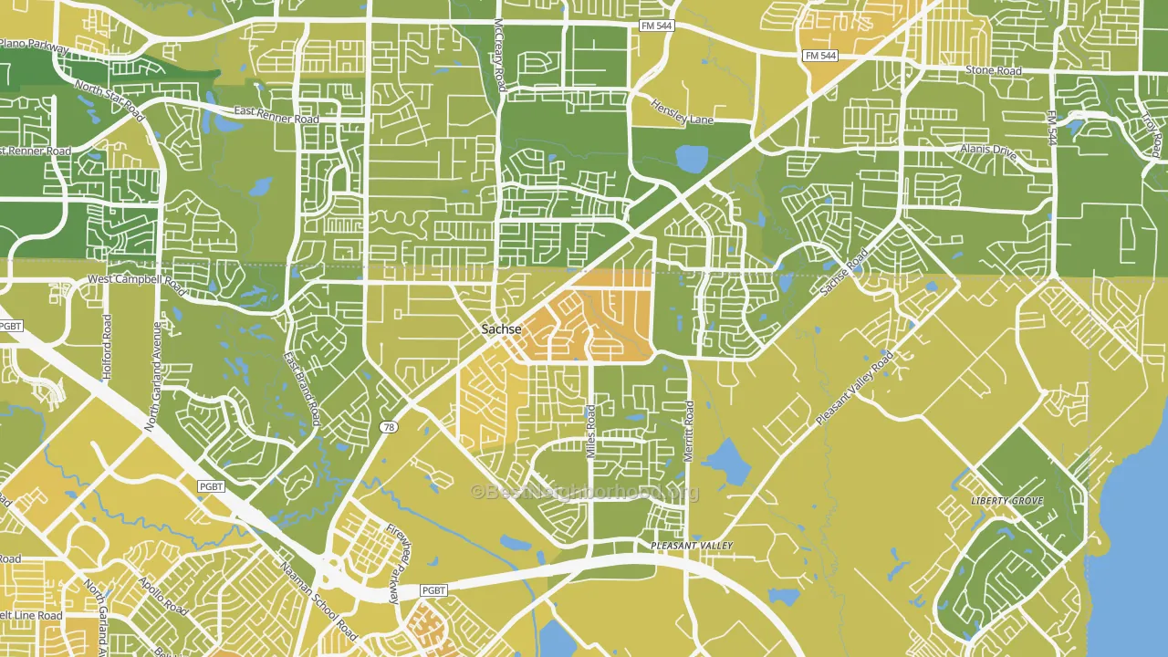 Map of the best neighborhoods in the 75048 area, with better matches in green and worse matches in red