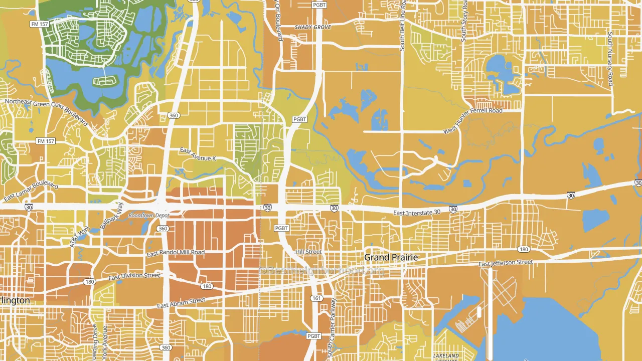 Map of the best neighborhoods in the 75050 area, with better matches in green and worse matches in red