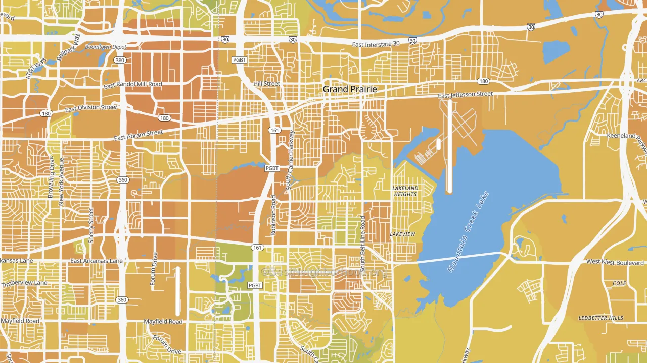 Map of the best neighborhoods in the 75051 area, with better matches in green and worse matches in red