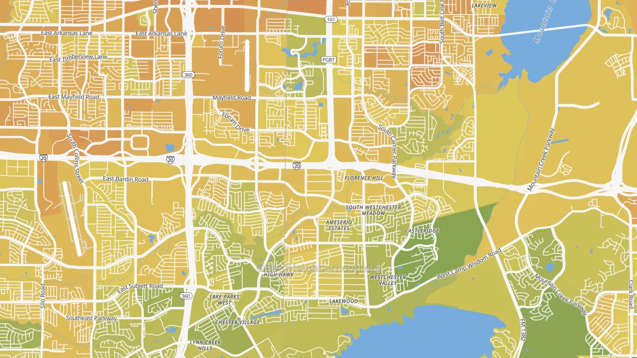 Map of the best neighborhoods in the 75052 area, with better matches in green and worse matches in red