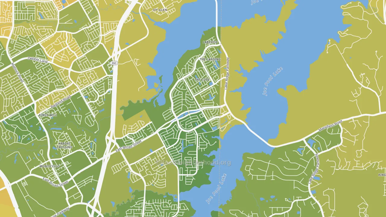 Map of the best neighborhoods in the 75054 area, with better matches in green and worse matches in red