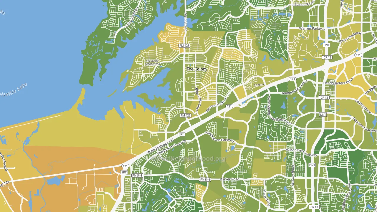 Map of the best neighborhoods in the 75056 area, with better matches in green and worse matches in red