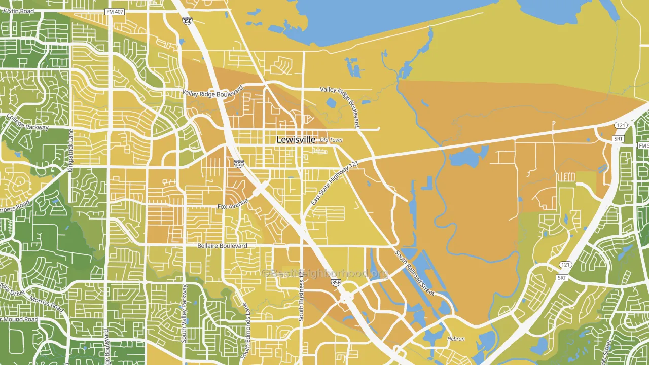 Map of the best neighborhoods in the 75057 area, with better matches in green and worse matches in red