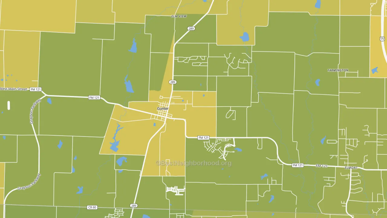 Map of the best neighborhoods in the 75058 area, with better matches in green and worse matches in red