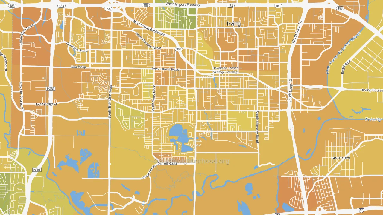 Map of the best neighborhoods in the 75060 area, with better matches in green and worse matches in red