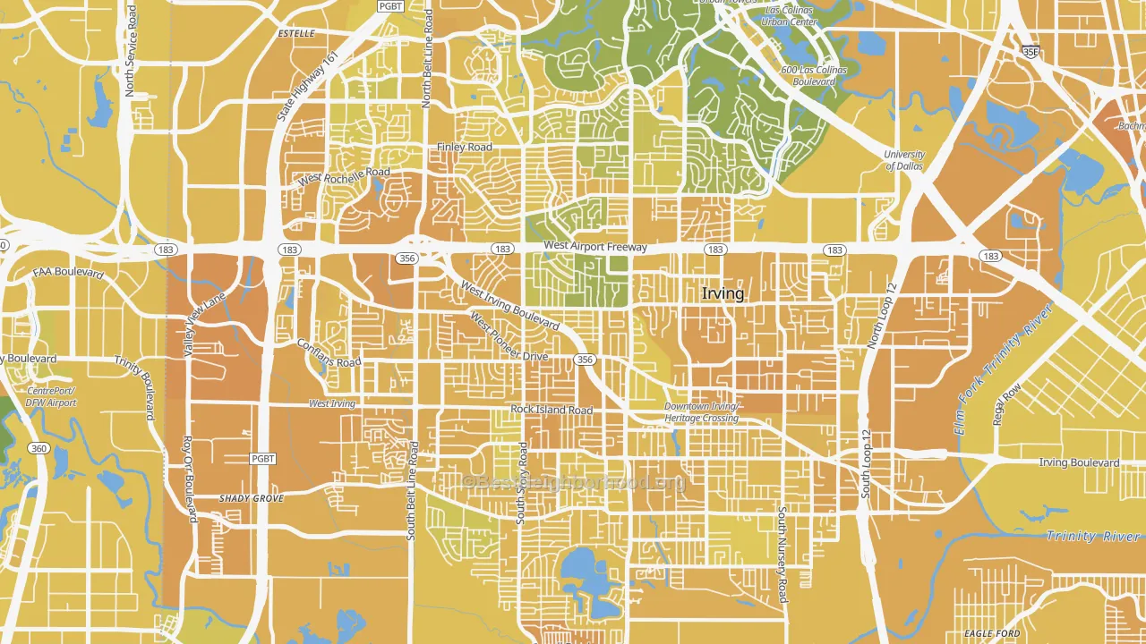 Map of the best neighborhoods in the 75061 area, with better matches in green and worse matches in red