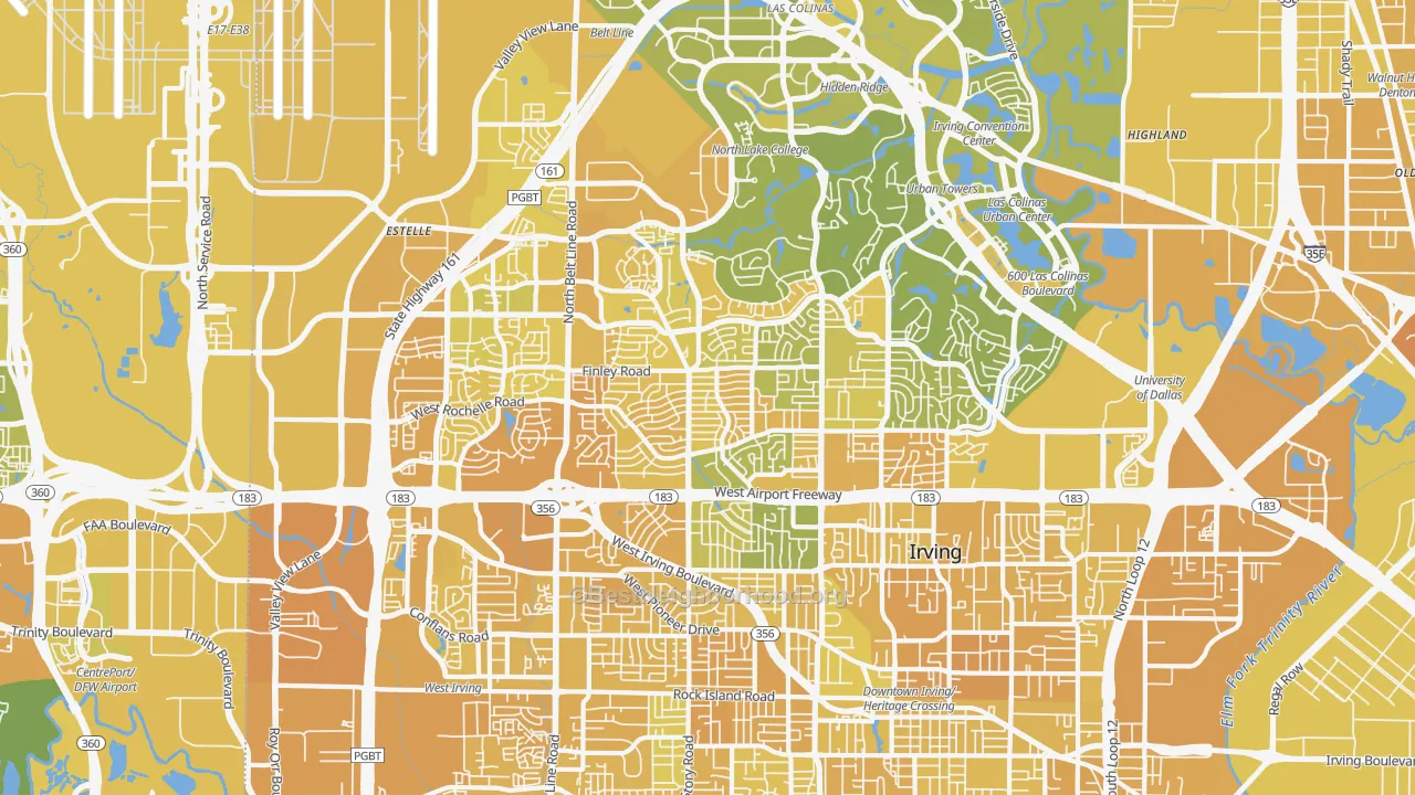 Map of the best neighborhoods in the 75062 area, with better matches in green and worse matches in red