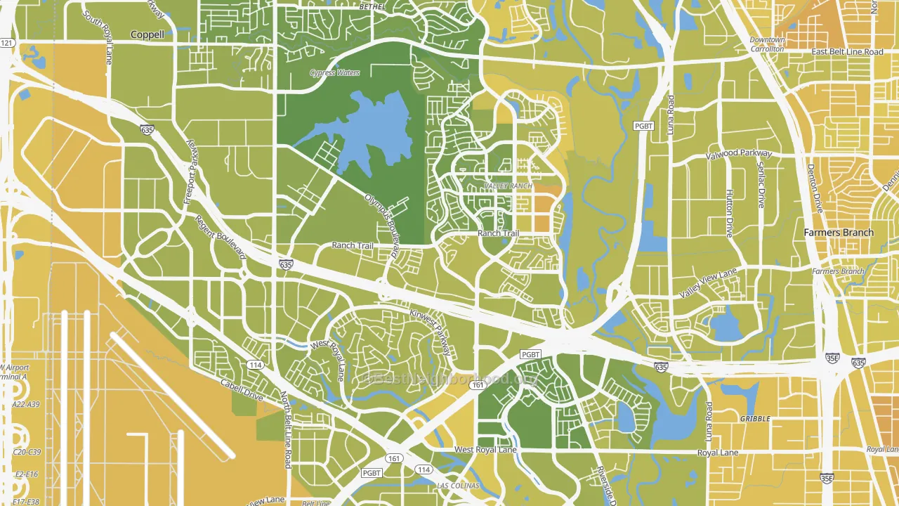 Map of the best neighborhoods in the 75063 area, with better matches in green and worse matches in red