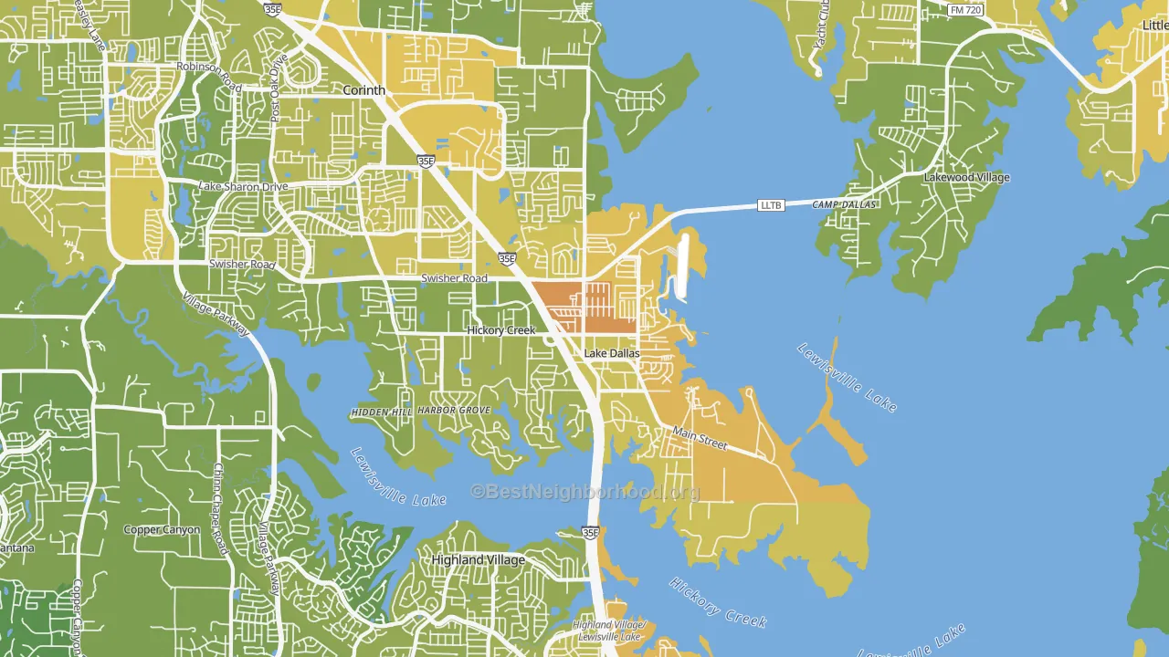 Map of the best neighborhoods in the 75065 area, with better matches in green and worse matches in red