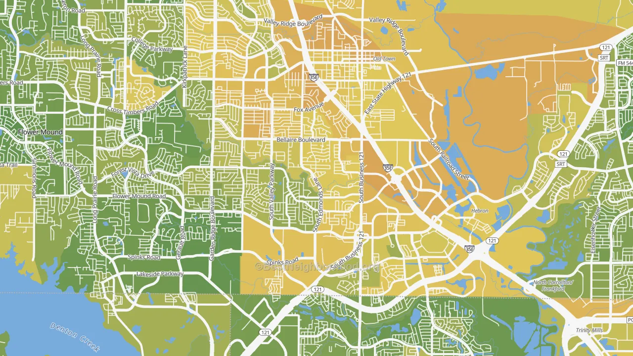 Map of the best neighborhoods in the 75067 area, with better matches in green and worse matches in red