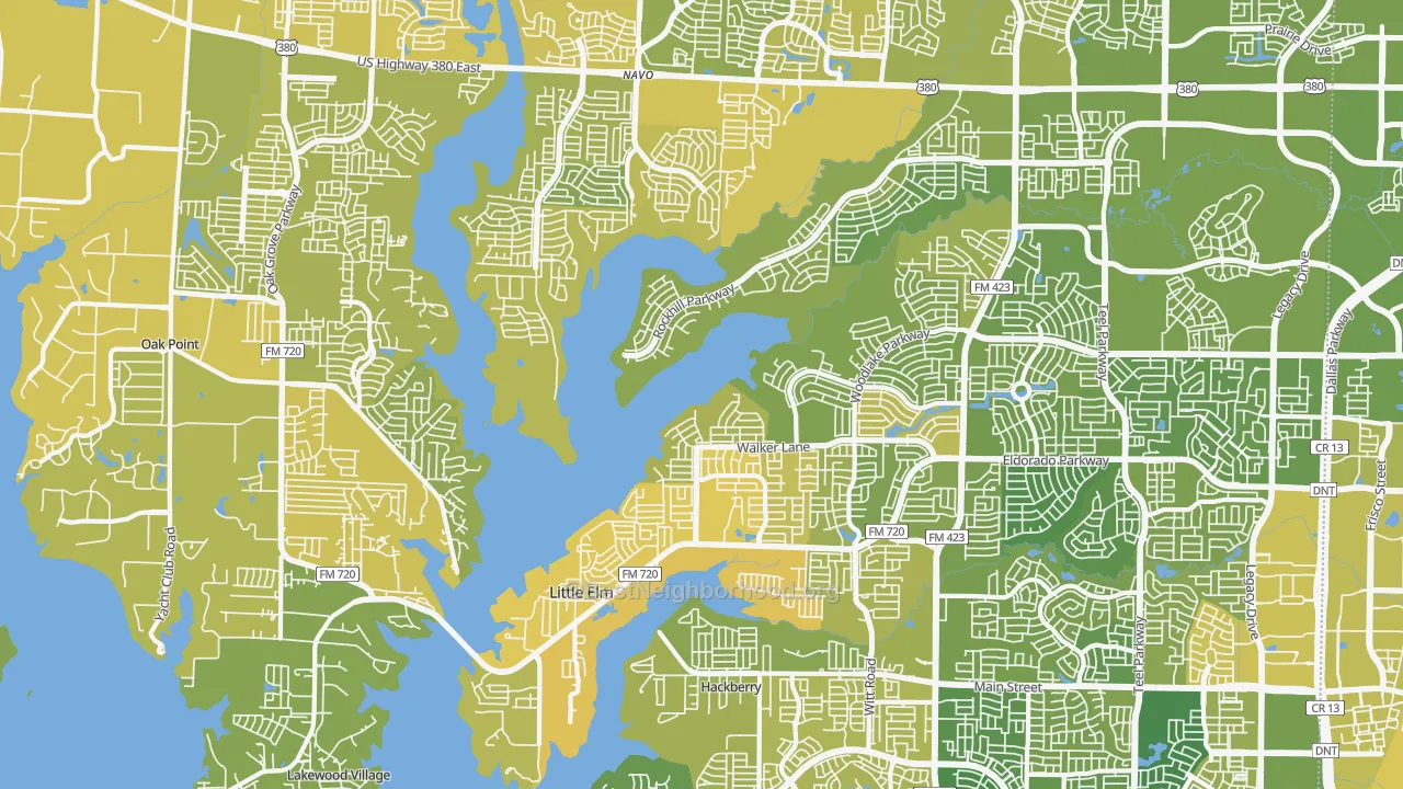Map of the best neighborhoods in the 75068 area, with better matches in green and worse matches in red