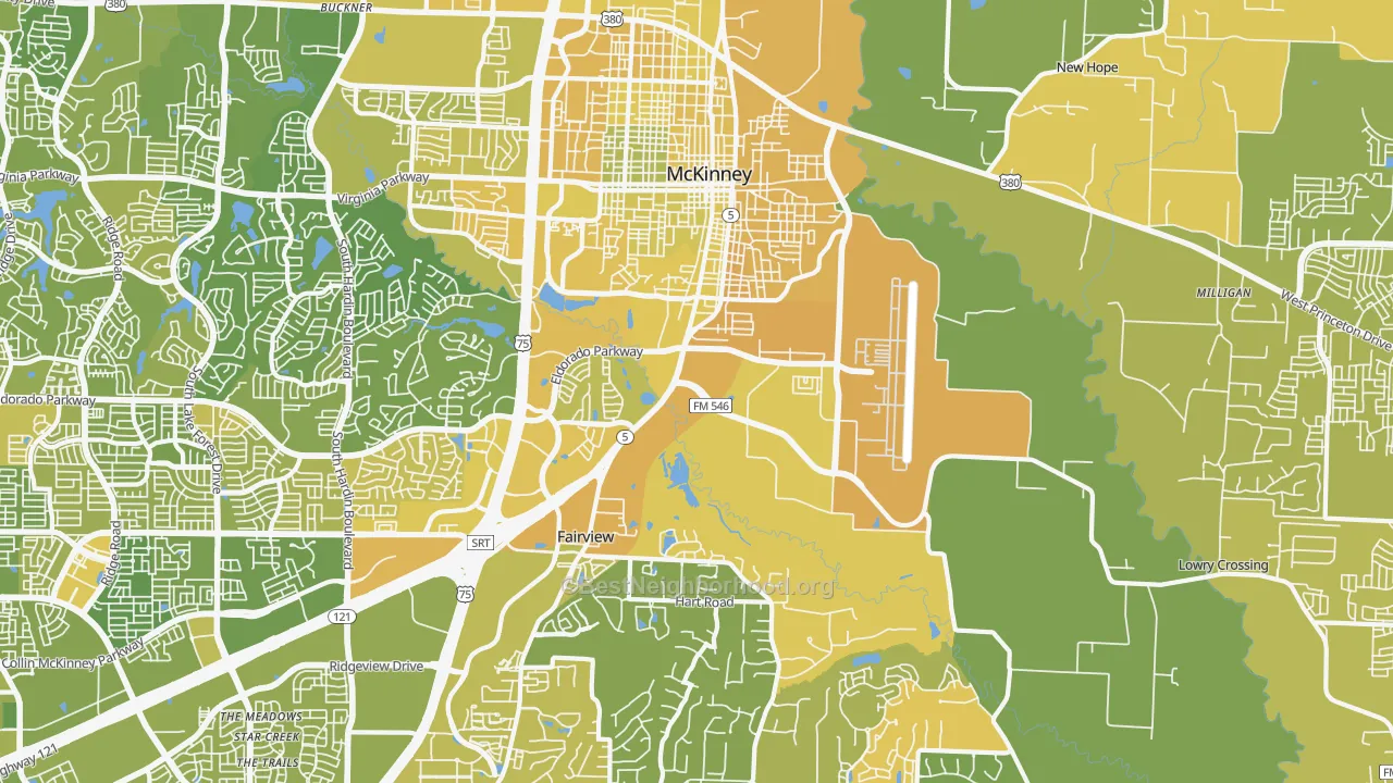 Map of the best neighborhoods in the 75069 area, with better matches in green and worse matches in red