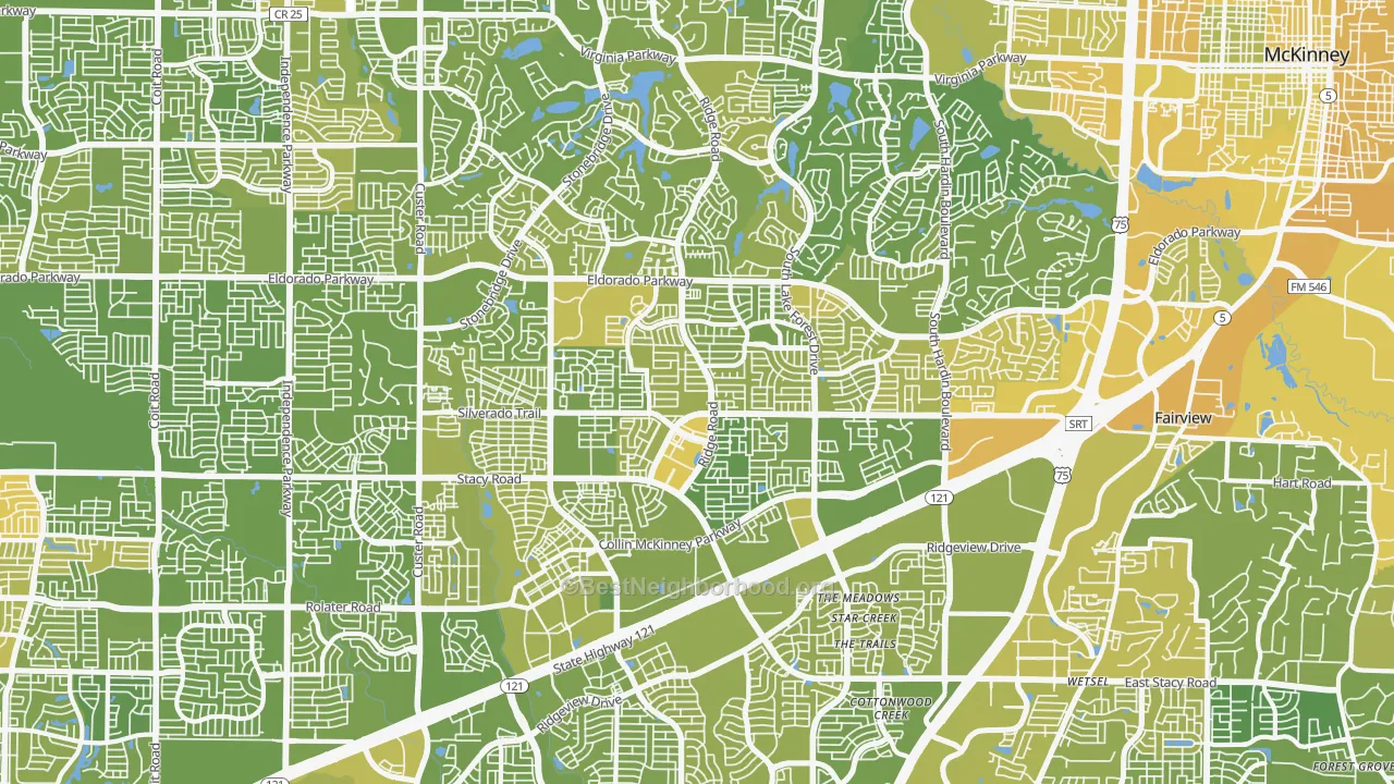 Map of the best neighborhoods in the 75070 area, with better matches in green and worse matches in red