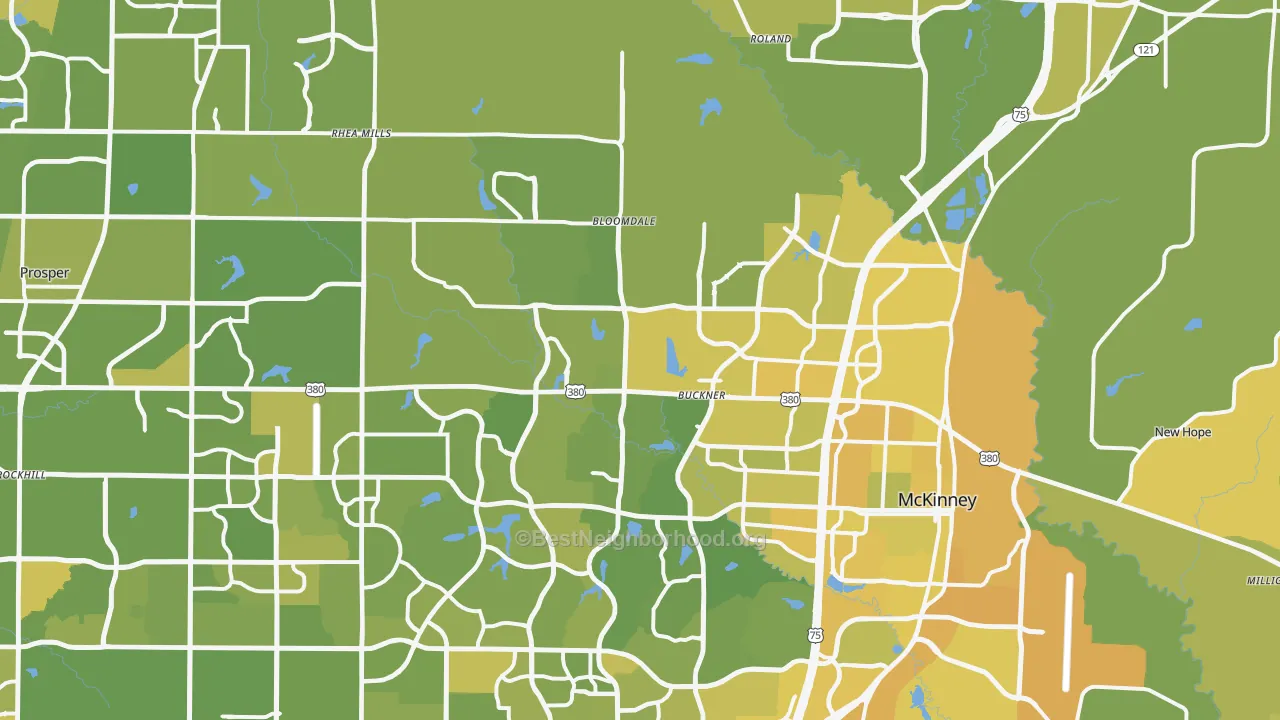 Map of the best neighborhoods in the 75071 area, with better matches in green and worse matches in red
