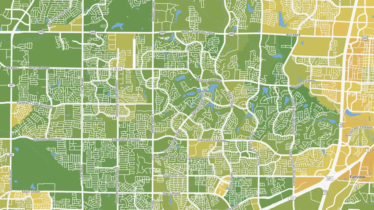 Map of the best neighborhoods in the 75072 area, with better matches in green and worse matches in red