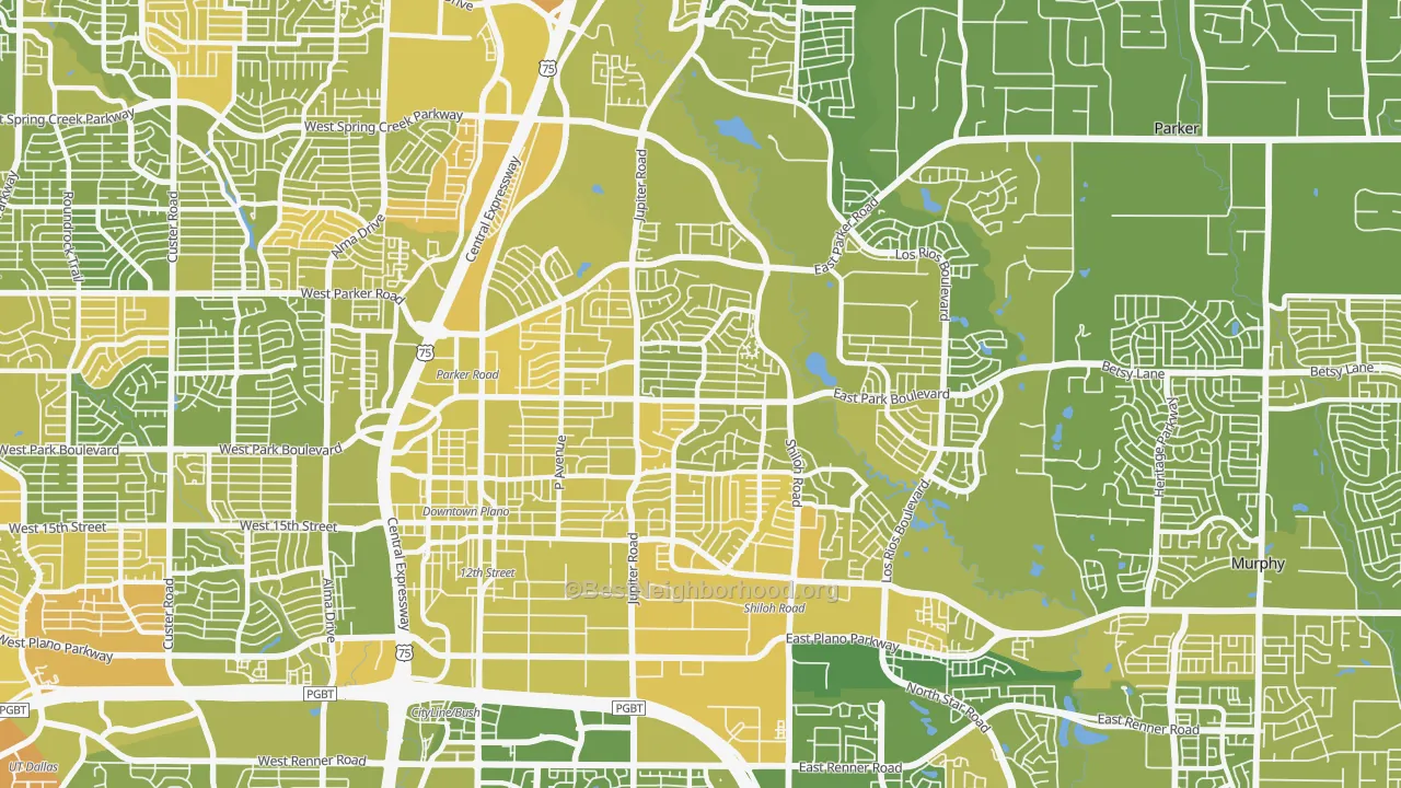 Map of the best neighborhoods in the 75074 area, with better matches in green and worse matches in red