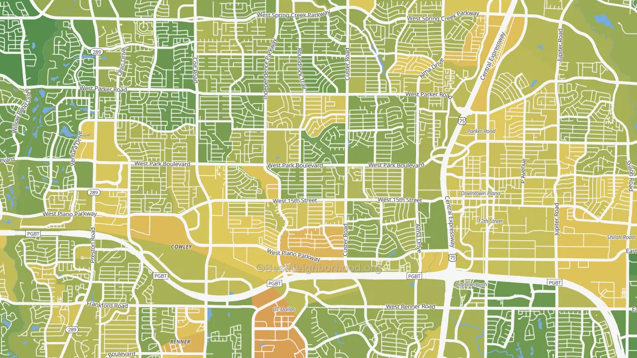 Map of the best neighborhoods in the 75075 area, with better matches in green and worse matches in red