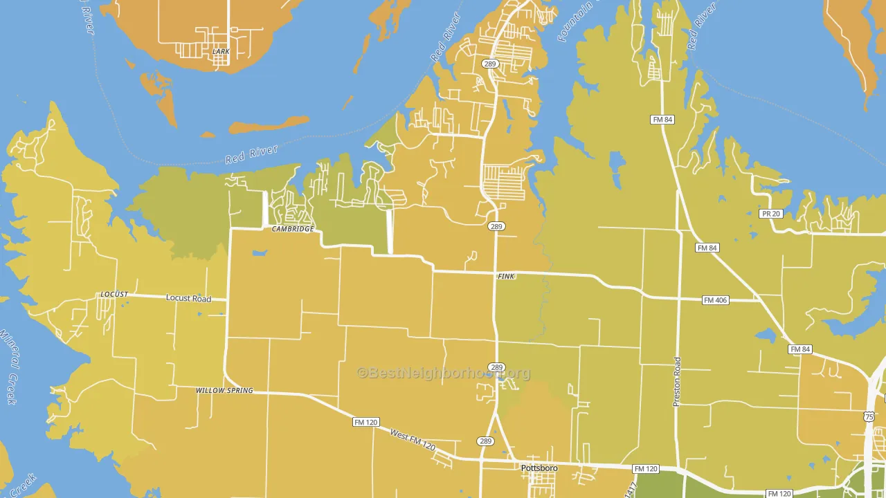 Map of the best neighborhoods in the 75076 area, with better matches in green and worse matches in red