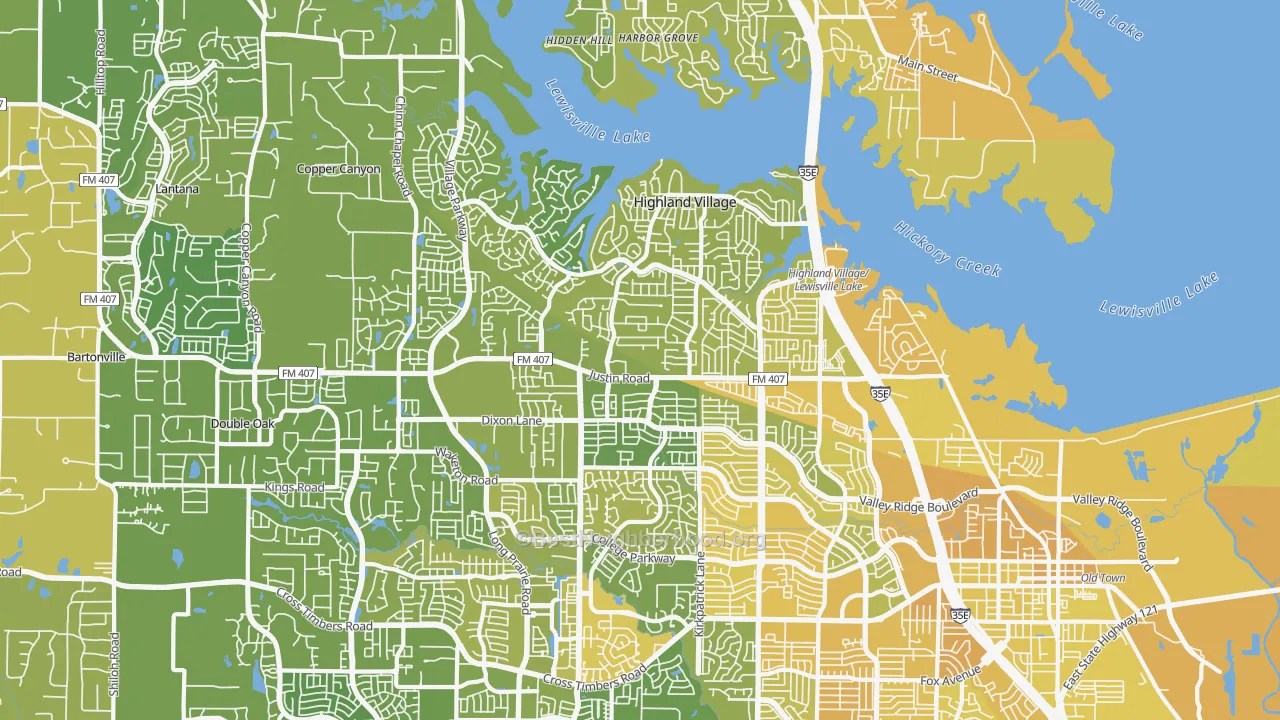Map of the best neighborhoods in the 75077 area, with better matches in green and worse matches in red
