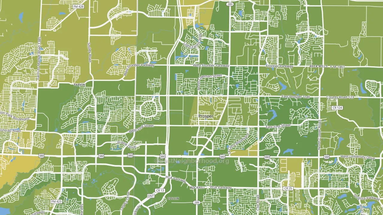 Map of the best neighborhoods in the 75078 area, with better matches in green and worse matches in red