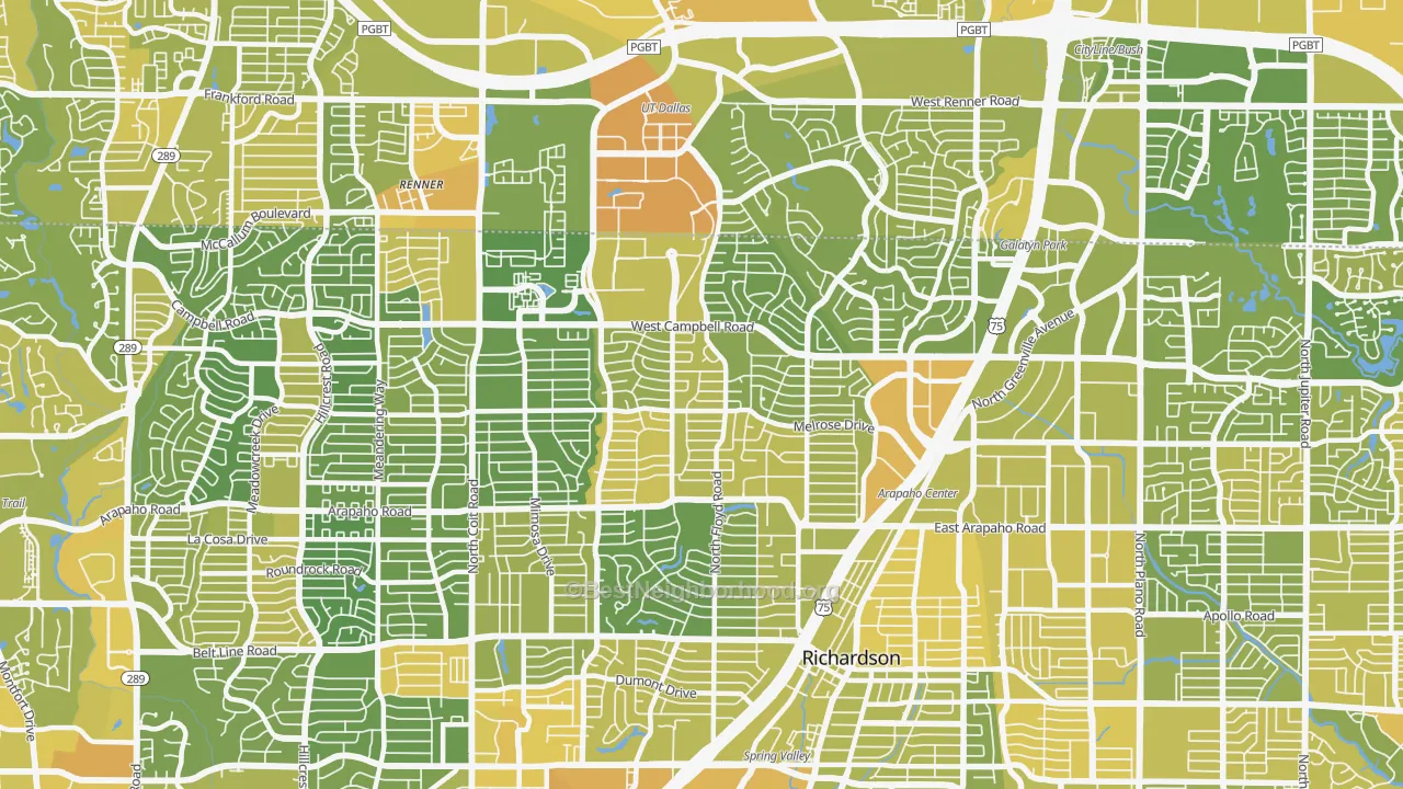 Map of the best neighborhoods in the 75080 area, with better matches in green and worse matches in red