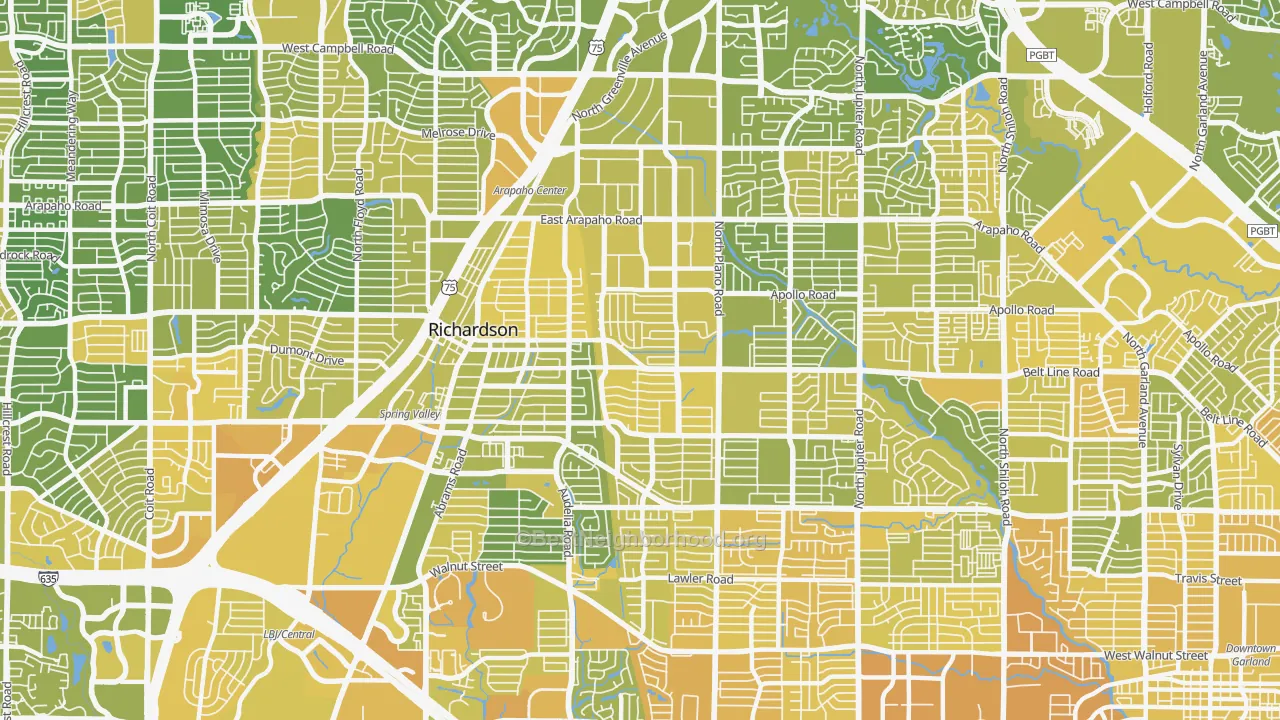 Map of the best neighborhoods in the 75081 area, with better matches in green and worse matches in red