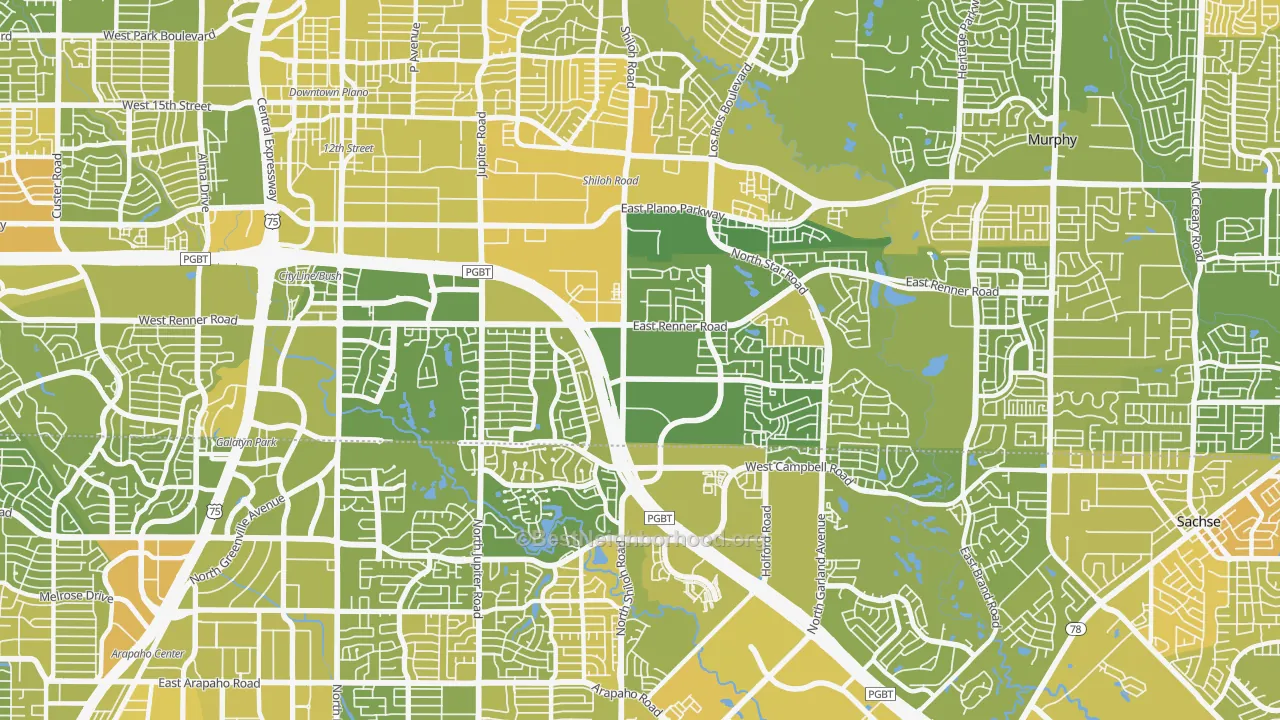 Map of the best neighborhoods in the 75082 area, with better matches in green and worse matches in red