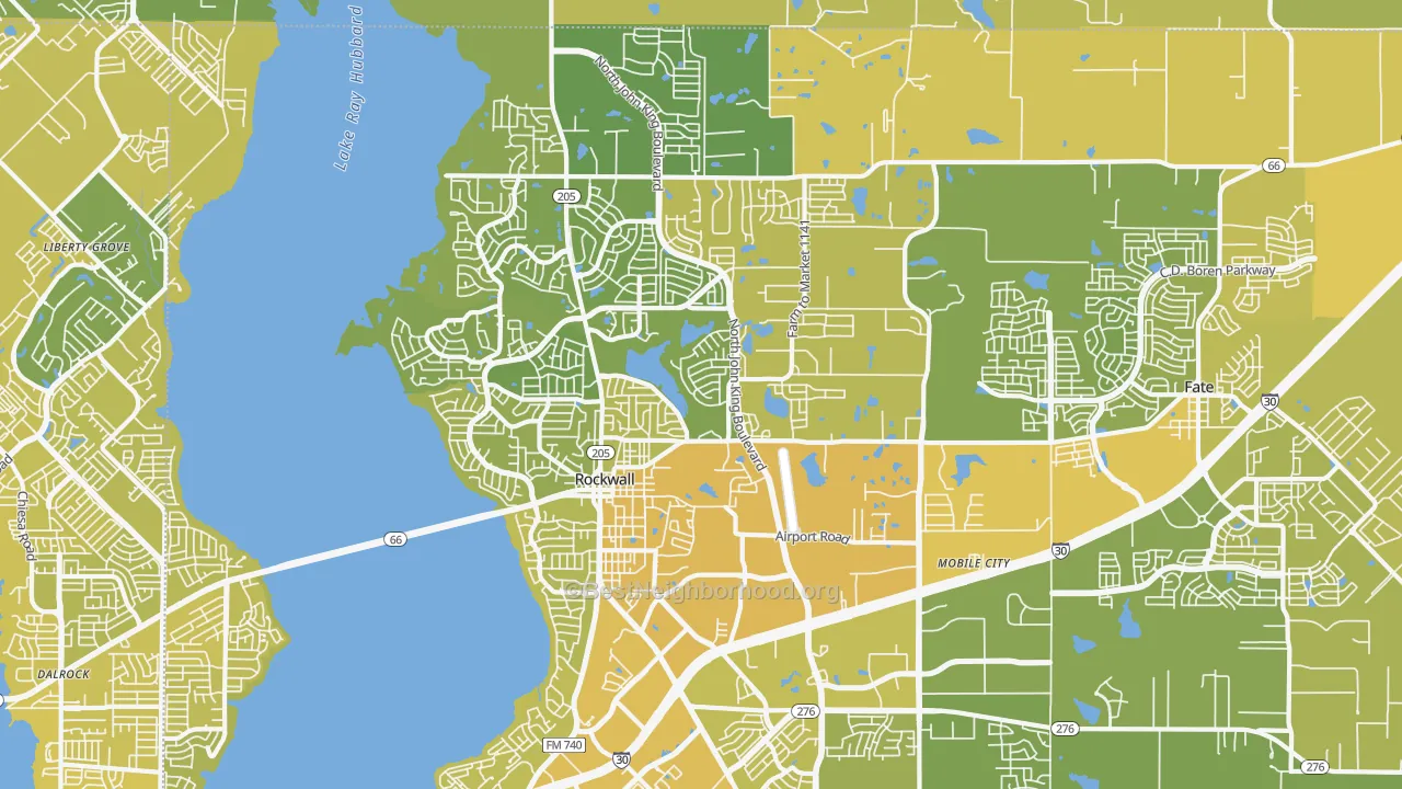 Map of the best neighborhoods in the 75087 area, with better matches in green and worse matches in red