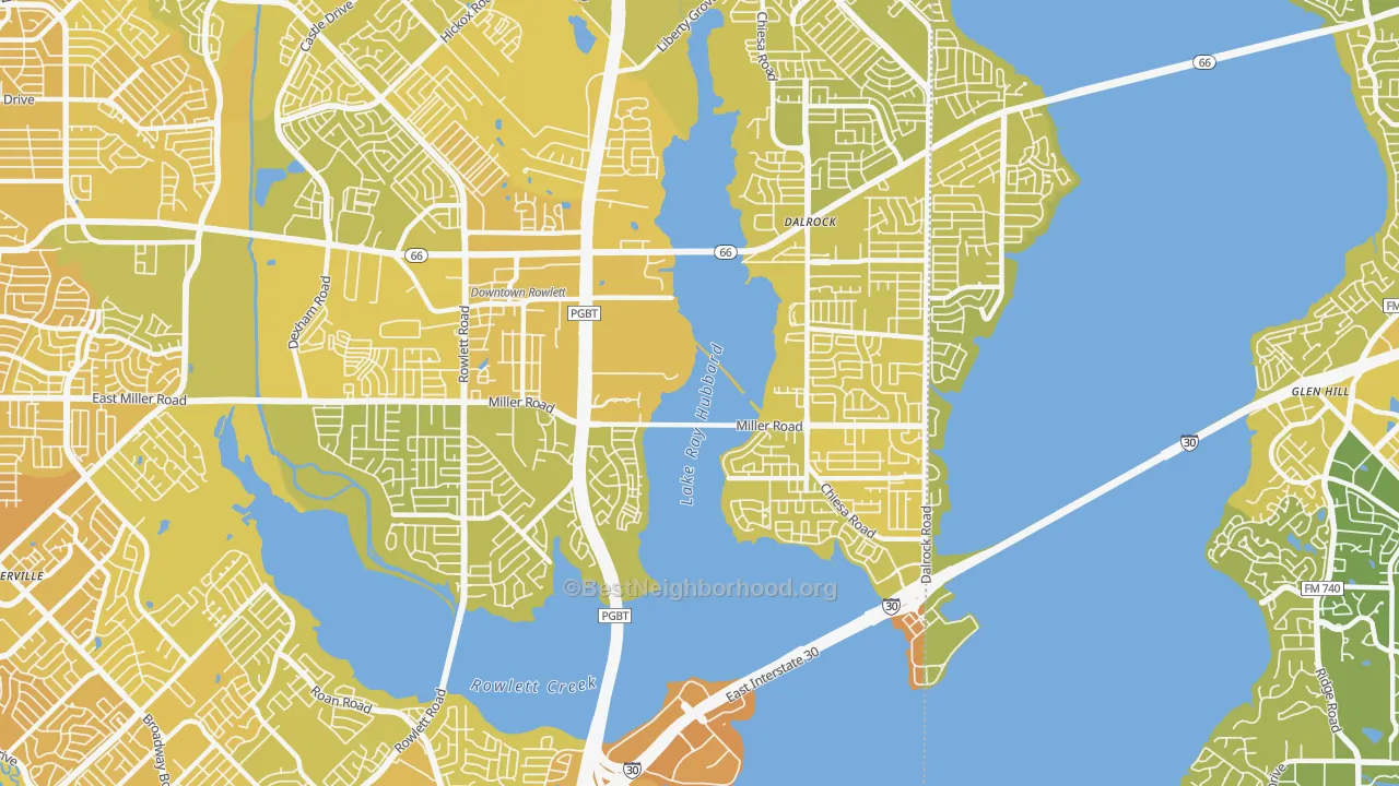 Map of the best neighborhoods in the 75088 area, with better matches in green and worse matches in red