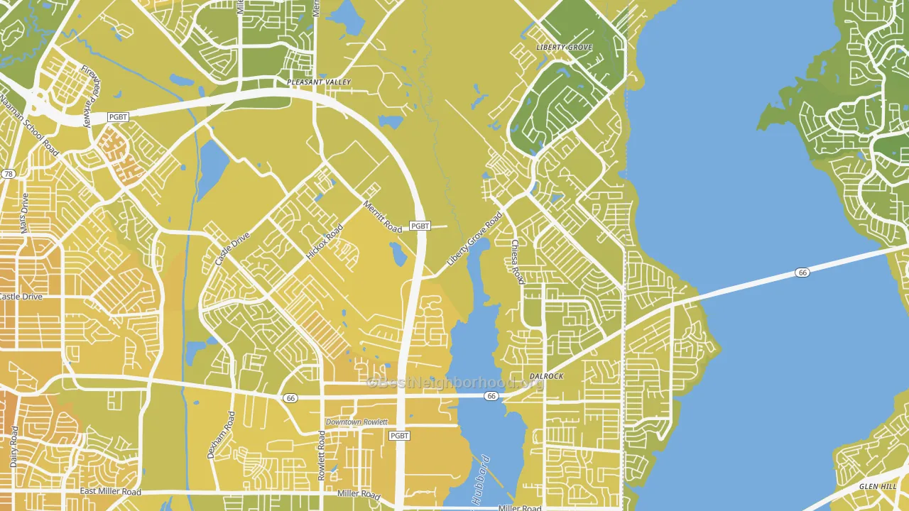 Map of the best neighborhoods in the 75089 area, with better matches in green and worse matches in red