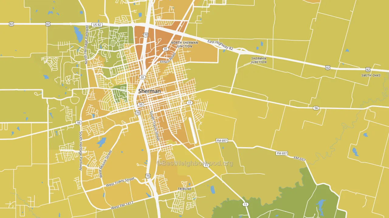 Map of the best neighborhoods in the 75090 area, with better matches in green and worse matches in red