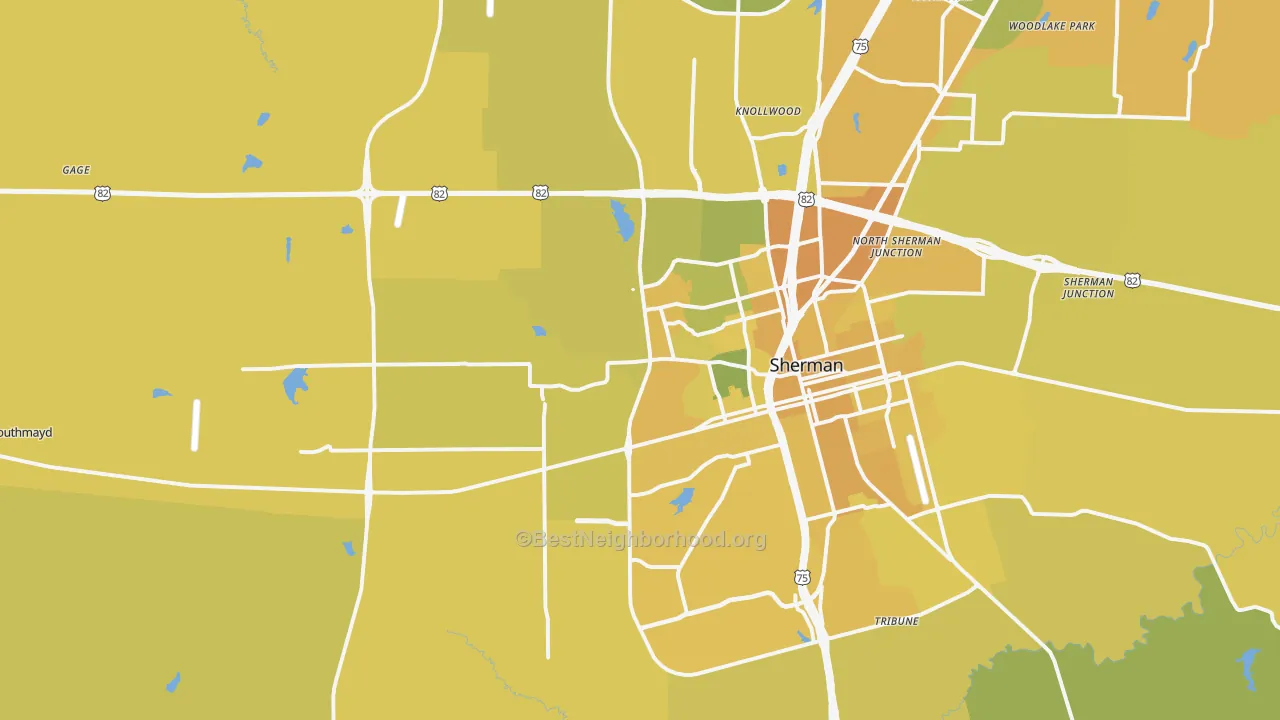 Map of the best neighborhoods in the 75092 area, with better matches in green and worse matches in red
