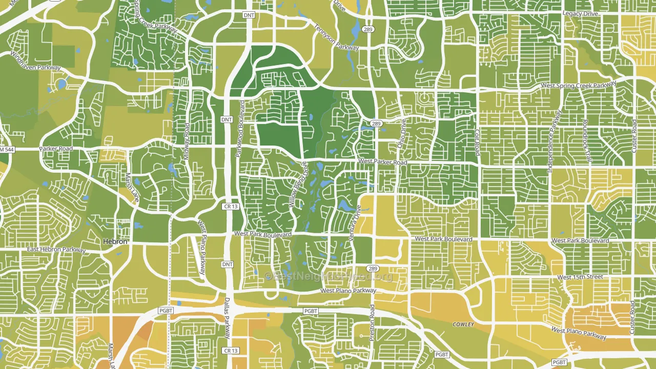 Map of the best neighborhoods in the 75093 area, with better matches in green and worse matches in red