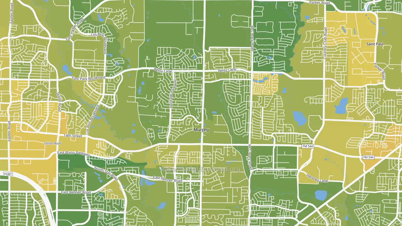 Map of the best neighborhoods in the 75094 area, with better matches in green and worse matches in red