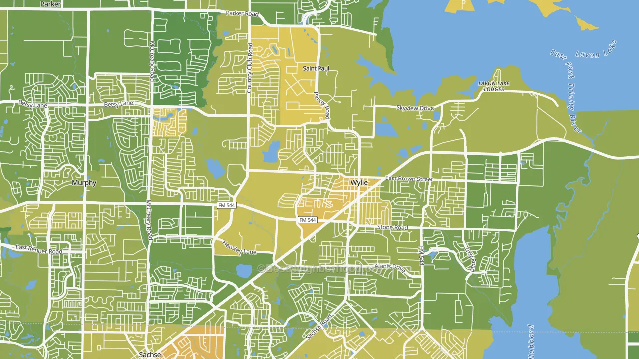 Map of the best neighborhoods in the 75098 area, with better matches in green and worse matches in red