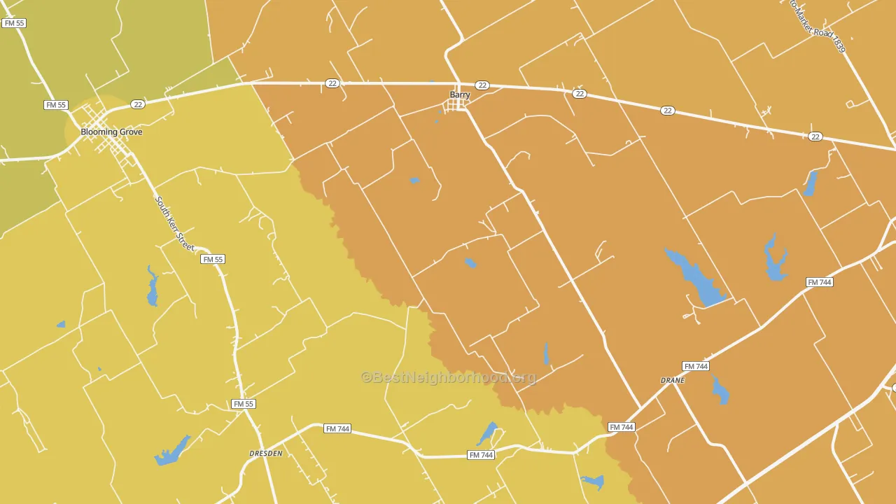 Map of the best neighborhoods in the 75102 area, with better matches in green and worse matches in red