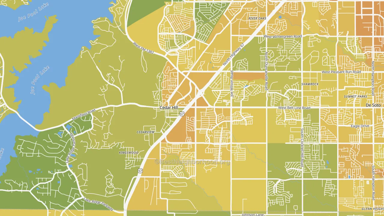 Map of the best neighborhoods in the 75104 area, with better matches in green and worse matches in red