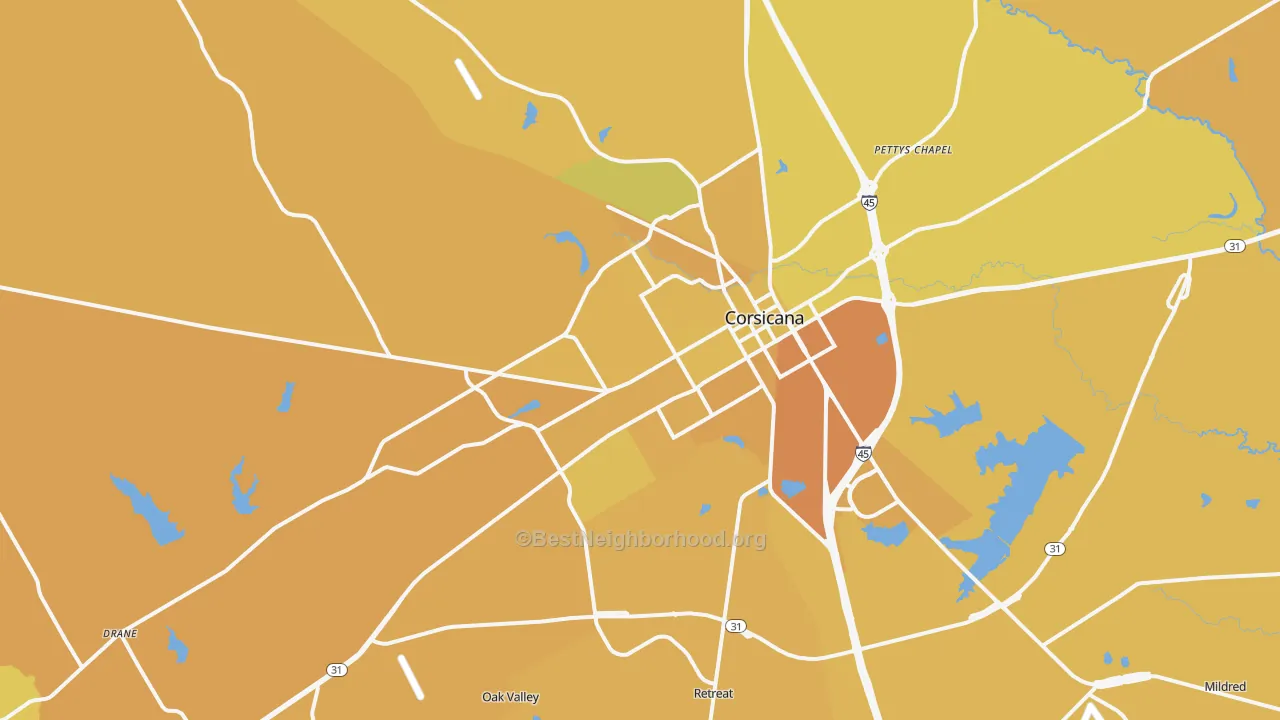 Map of the best neighborhoods in the 75110 area, with better matches in green and worse matches in red