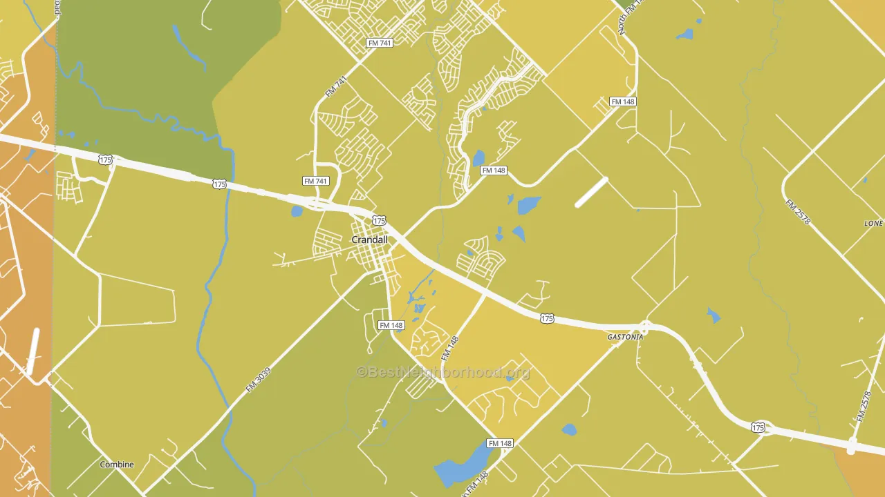 Map of the best neighborhoods in the 75114 area, with better matches in green and worse matches in red
