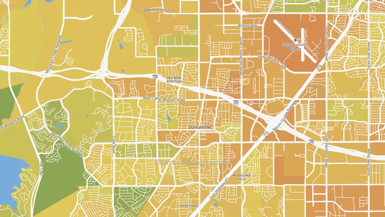 Map of the best neighborhoods in the 75116 area, with better matches in green and worse matches in red