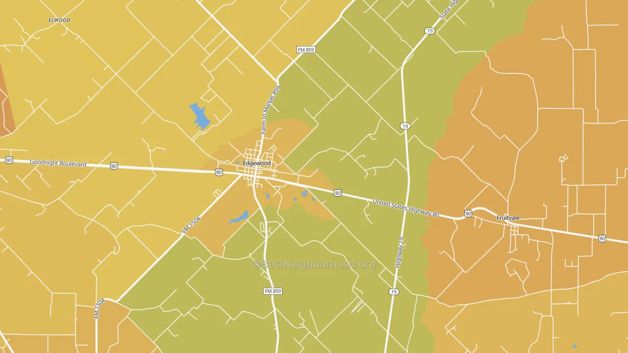 Map of the best neighborhoods in the 75117 area, with better matches in green and worse matches in red