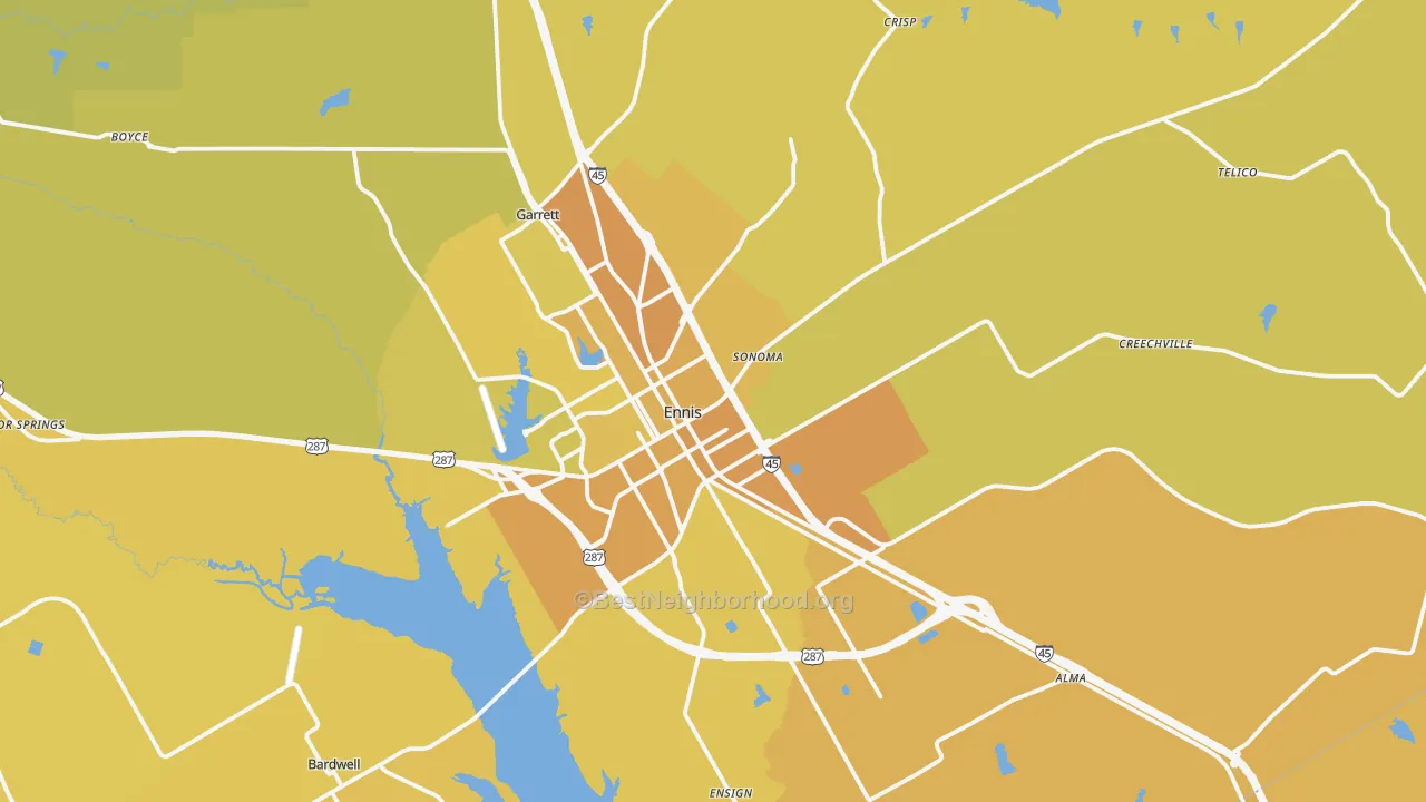 Map of the best neighborhoods in the 75119 area, with better matches in green and worse matches in red