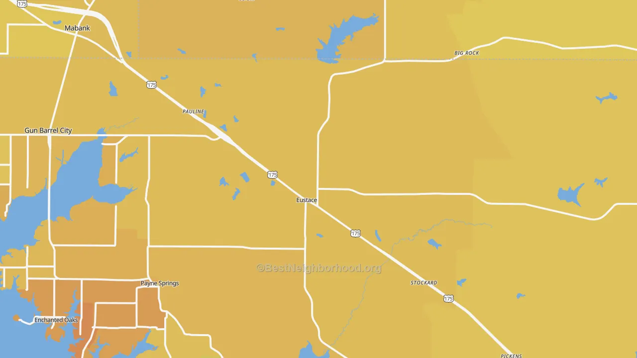 Map of the best neighborhoods in the 75124 area, with better matches in green and worse matches in red