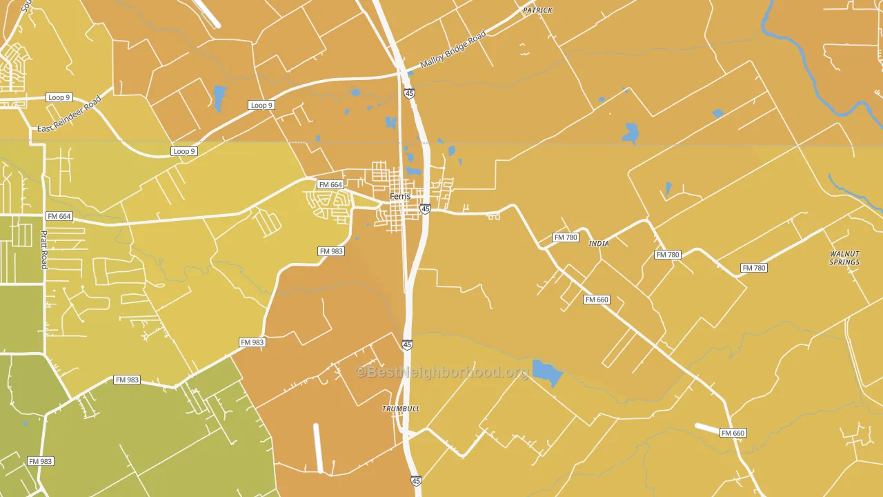 Map of the best neighborhoods in the 75125 area, with better matches in green and worse matches in red